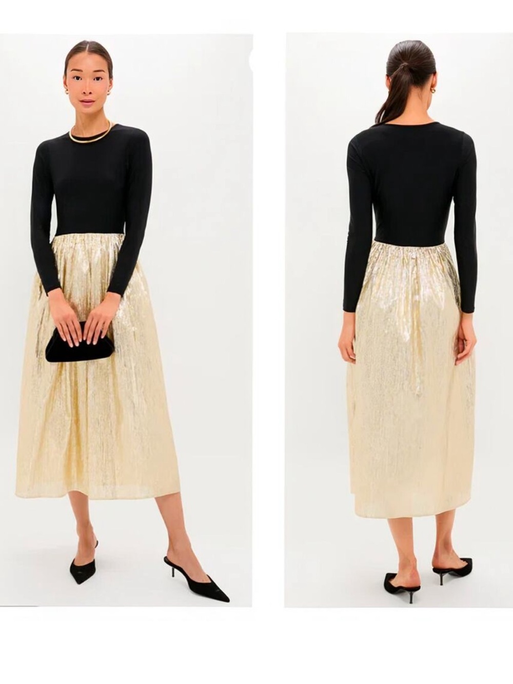 Hyacinth House Schuyler Black Gold Metallic Mixed Media Midi Dress M EUC